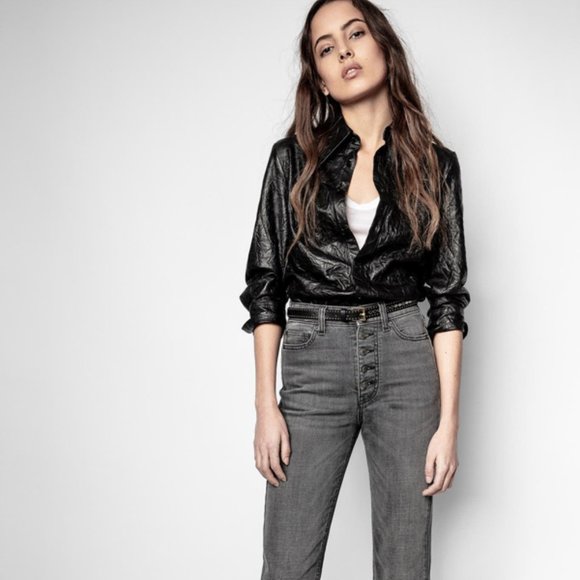 NWT Zadig & Voltaire leather Tris Cuir Froisse Shirt SIZE 38, M - Picture 2 of 10